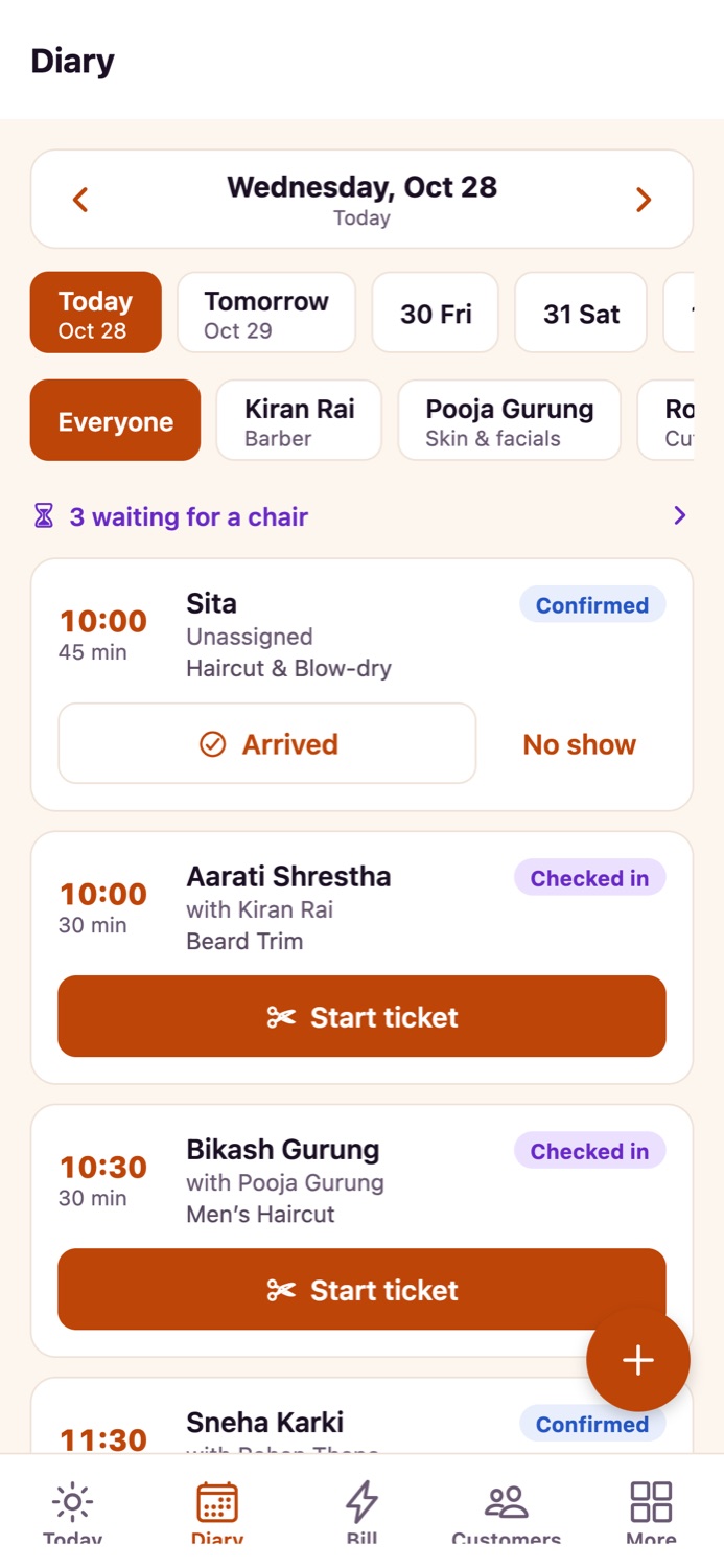 The diary by day and stylist, with arrived and start-ticket actions