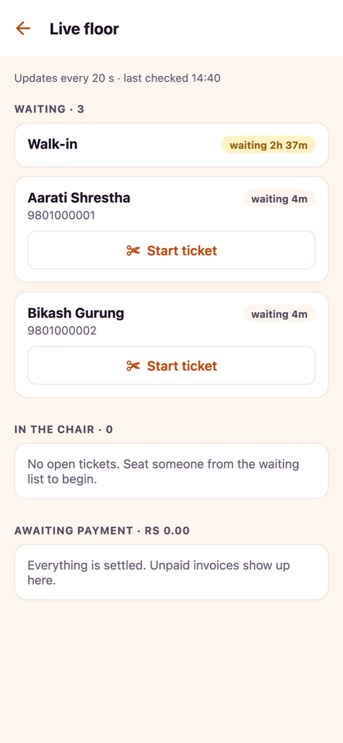 The live floor: waiting, in the chair and awaiting payment