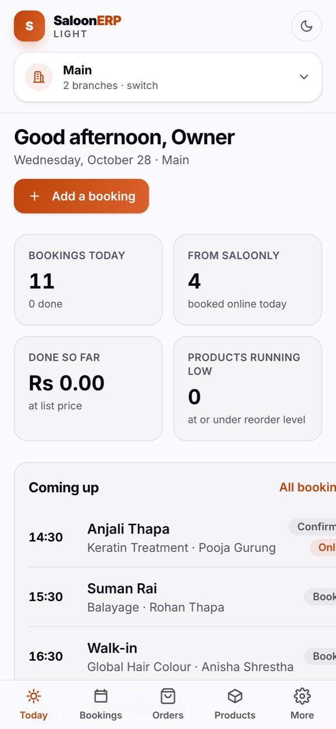 SaloonERP Light's Today screen on a phone