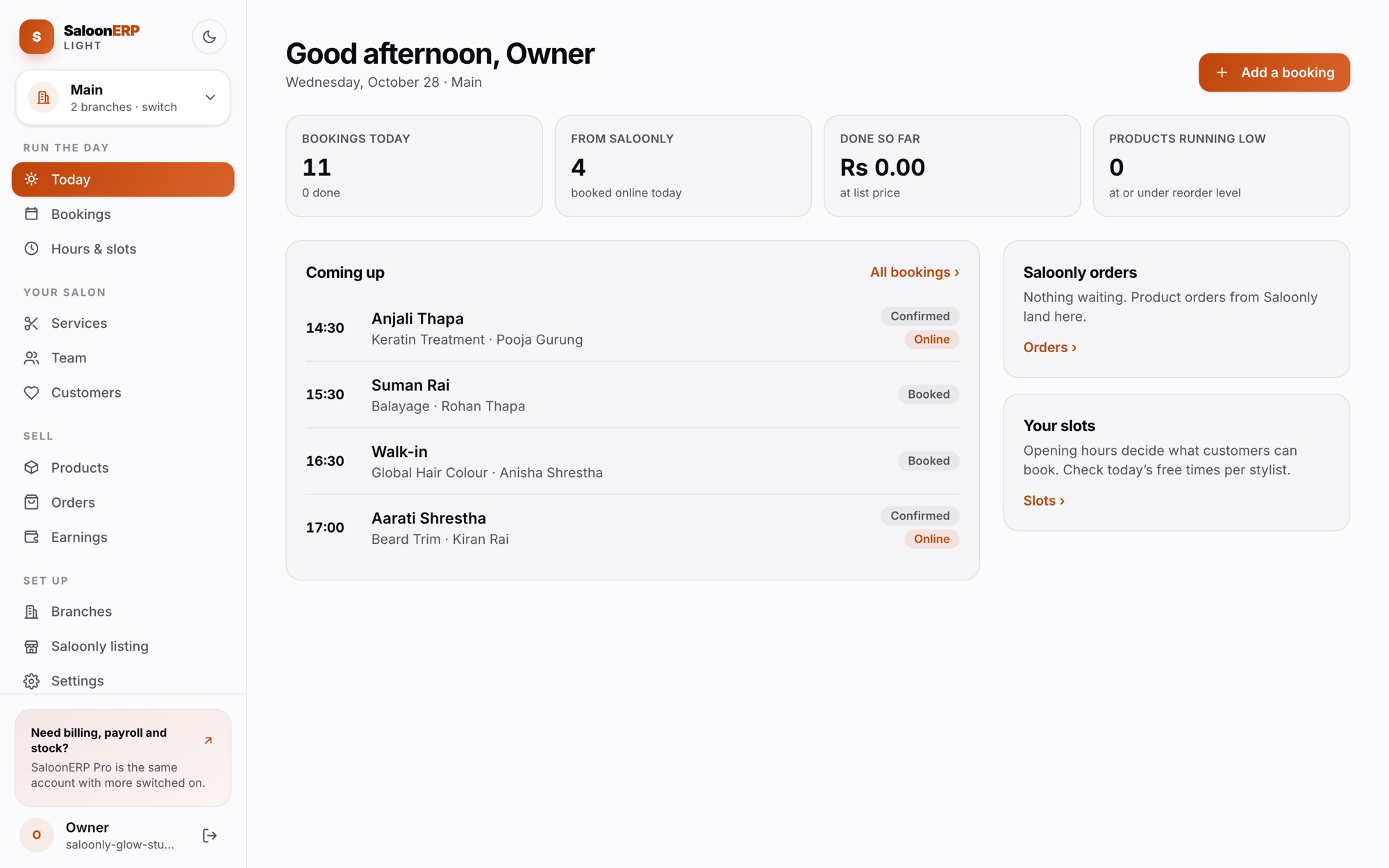 Today in SaloonERP Light, showing four bookings from Saloonly