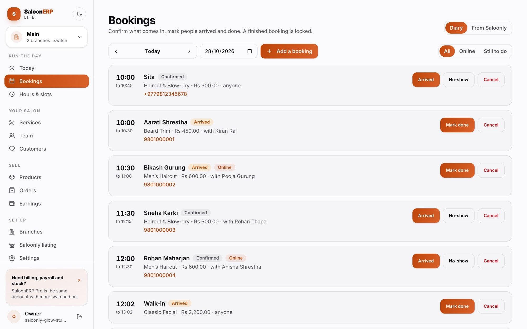The Lite bookings diary with arrived, confirmed and online bookings