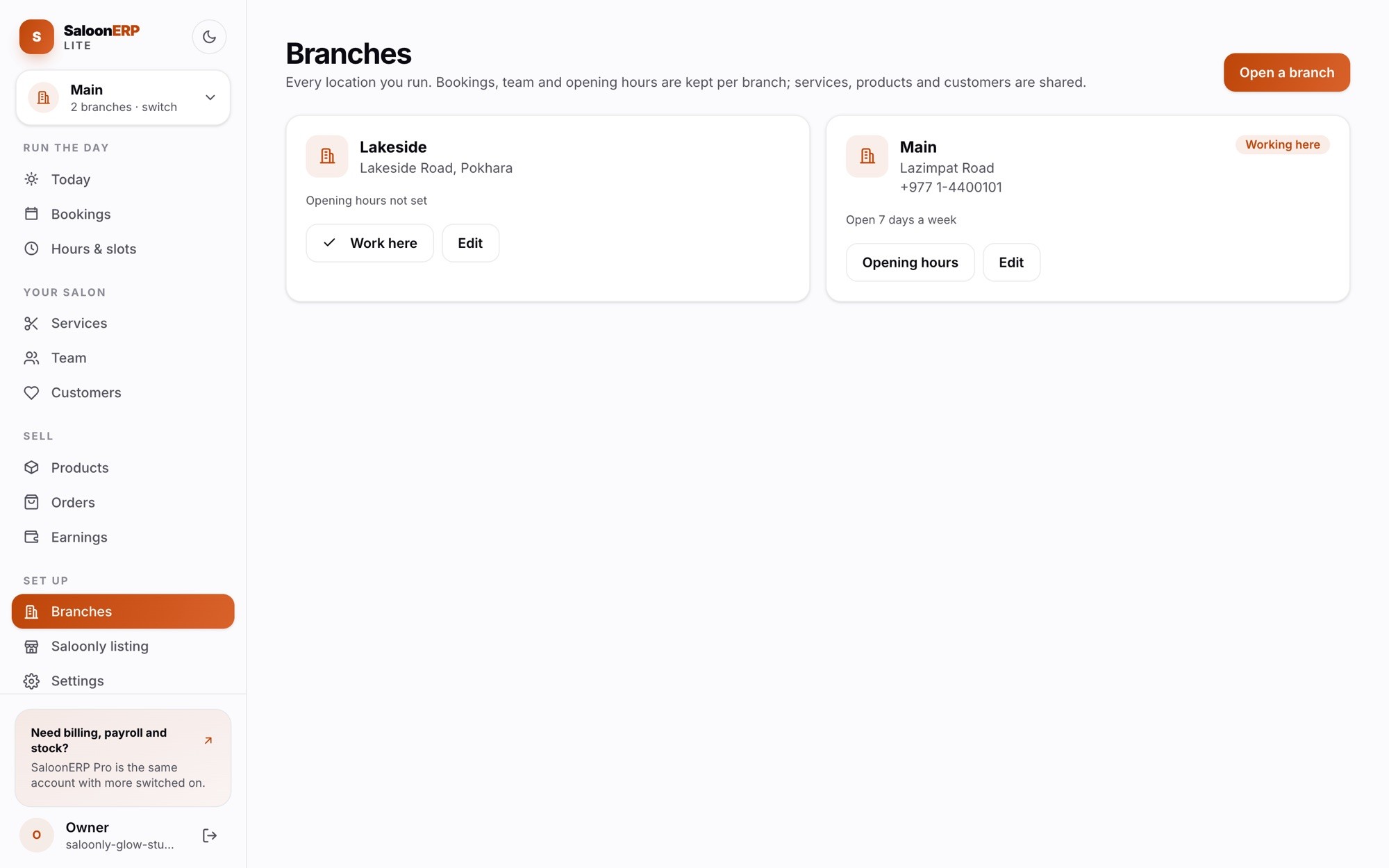 The Branches page listing each location