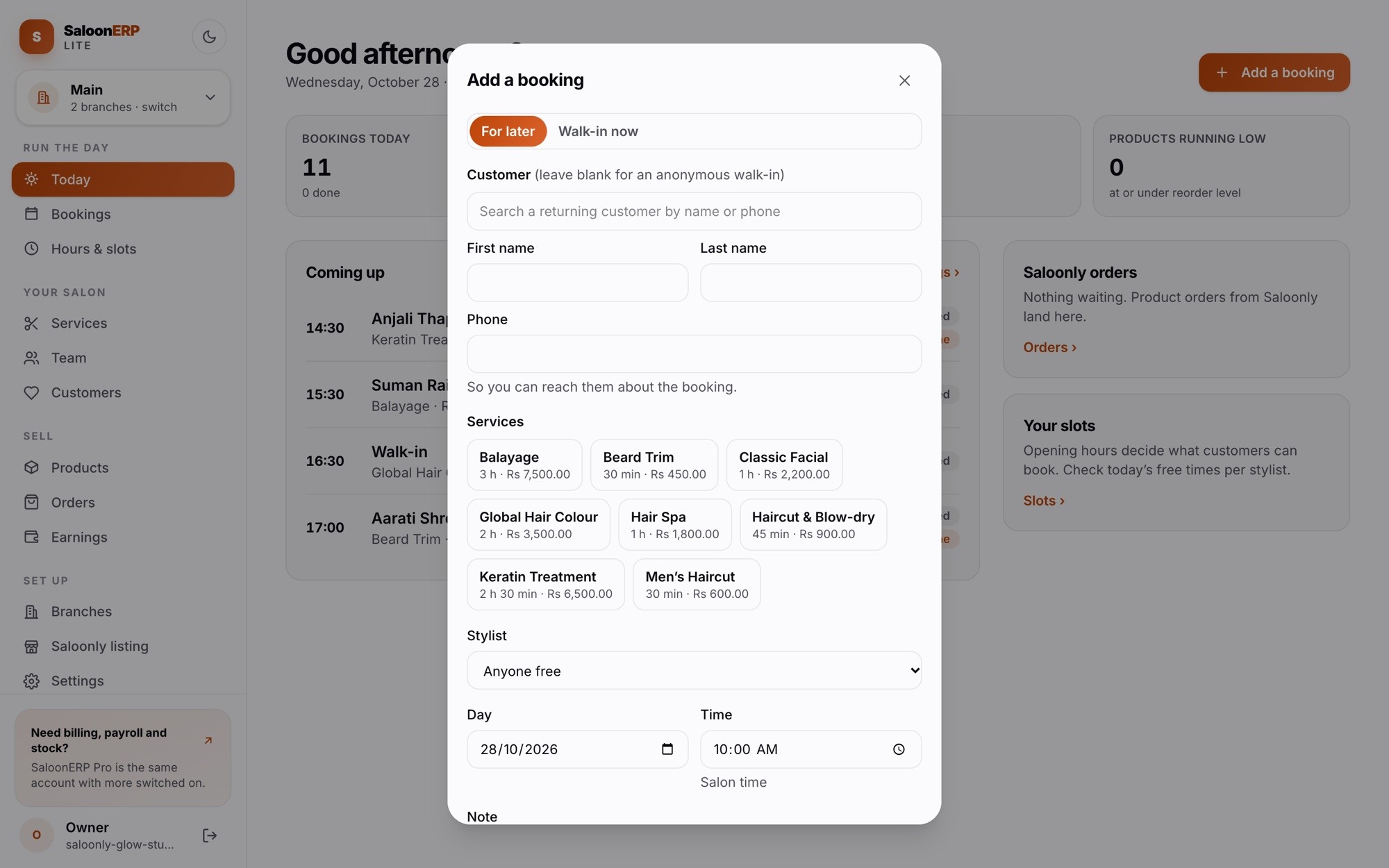 The Add a booking sheet with customer search, services, stylist, day and time