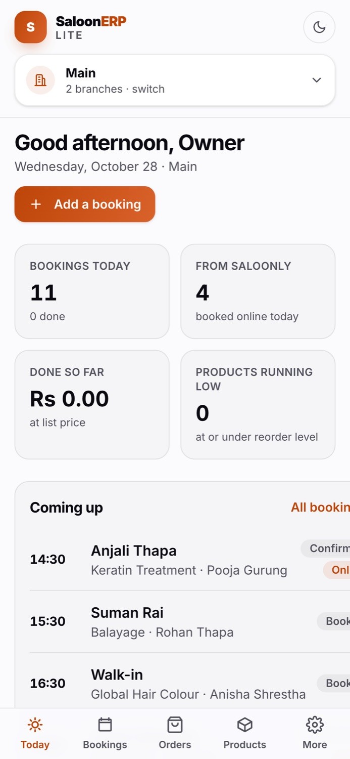 SaloonERP Lite's Today screen on a phone